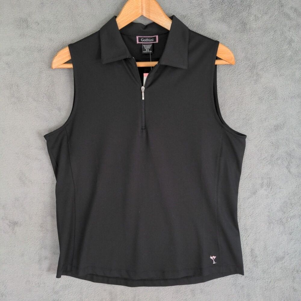 NWT Golftini Sleeveless Zip Tech Black Golf Polo Sz XL UPF 30 Embroidered Logo